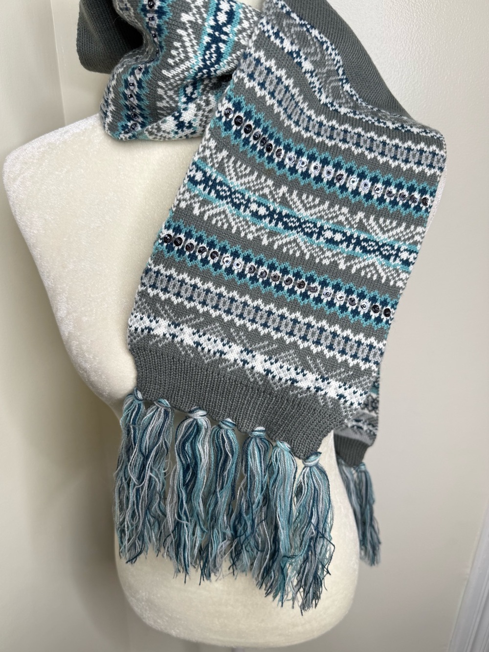 Faded Glory Fair Isle Scarf Fringe Trim Gray Turquoise 78”x7” Embellishments